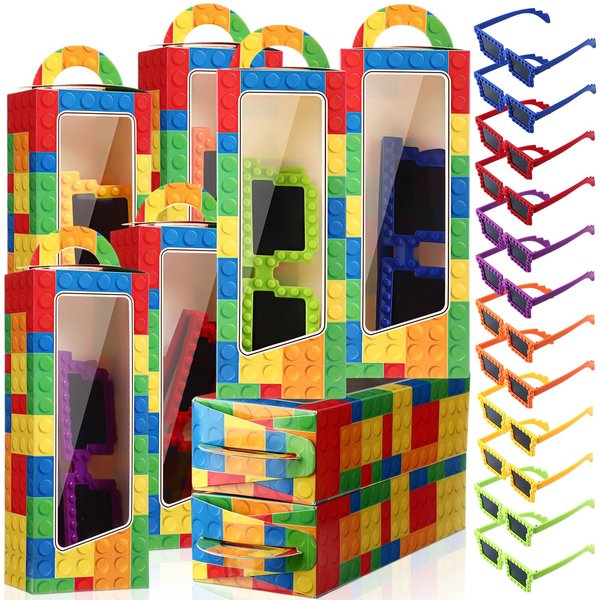 Relaxweex 24 Pcs Building Block Games Party Favors Includes Building Bricks Theme Party Gift Boxes Block Mania Building Block Sunglasses DIY Christmas Birthday Party Supplies for Adults