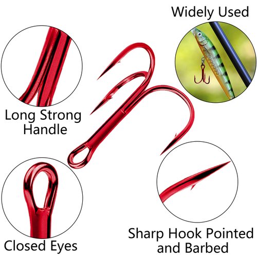 Red Treble Hooks Kit, Circle Round Bend Triple Fishing Hooks Stainless Steel Double Split Rings Assorted Fishing Tackle Box Kit for Fishing Gear Equipment Freshwater Saltwater (70-Hooks 25-Rings)
