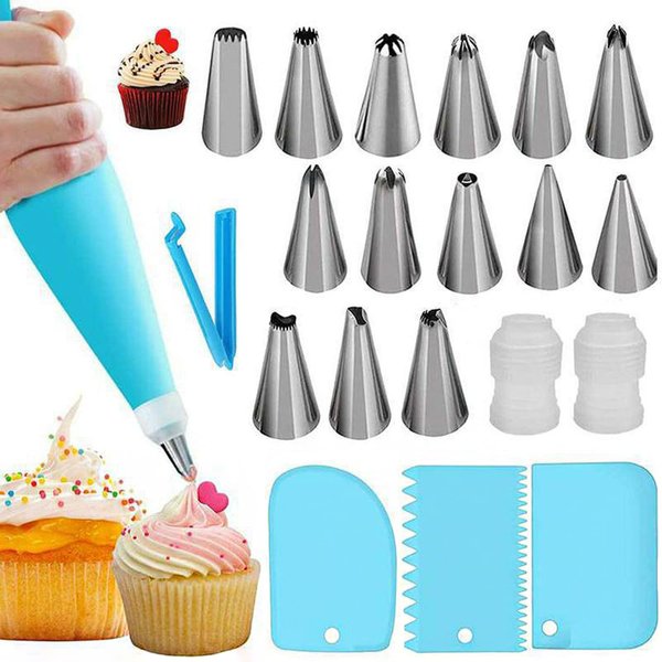 Zittop 21 Pcs Cake Piping Set for Baking with Reusable 1 Piping Bags, 14 Icing Tips,1 Clip,2 Standard Converters and 3 Scrapers, Cake Baking Tools for Cookie Icing Cupcakes