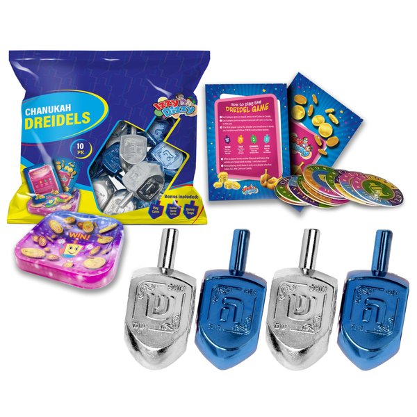 Hanukkah Dreidels - Metallic Blue and Silver Dreidel - 10 Pack Medium