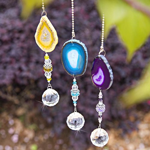 H&D HYALINE & DORA Pack 3pcs Suncatcher Hanging 30mm Crystal Ball with Agate Slices Wind Chimes Ornaments Decor for Window Home Garden