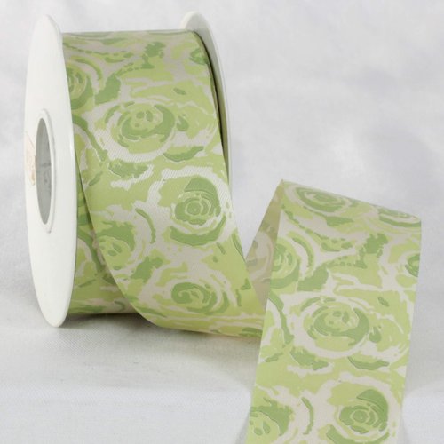 Green and Cream White Floral Ribbon 1.5" x 27 Yards