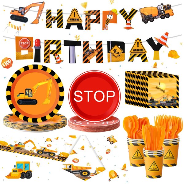 WINTS 24 Guests Construction Birthday Party Supplies Truck Themed Party Disposable Tableware Include Paper Plates Napkins Forks Construction Banner For Truck Construction Birthday Party Decor