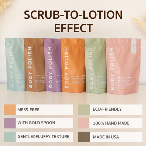 Bonblissity Body Scrub, Body Polish [SWEET SATSUMA] - Moisturizing & Exfoliating Body Scrub - Handmade, Eco-Friendly, Mess-Free with Gold Spoon, Gentle & Fluffy Texture, Made in USA
