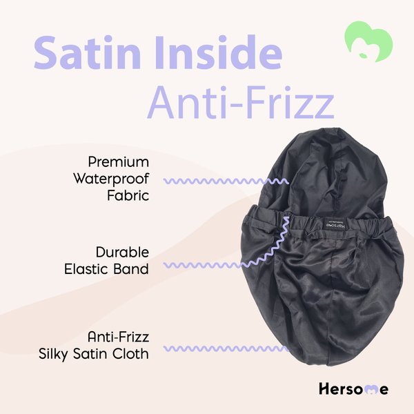 Premium Shower Cap for Women with Long Hair. Reusable, 100% Waterproof, Double-Sided, Great For Curls with Satin Silk Anti-Frizz Cloth. Black Shower Caps For Women (Standard, Black)