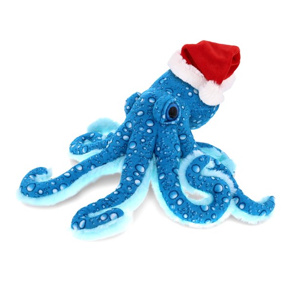 DolliBu Santa Blue Octopus Stuffed Animal Plush Toy - Super Soft Stuffed Animal Dress Up with Red Santa Claus Hat, Cute Ocean Life Gift, Perfect 16 Inch
