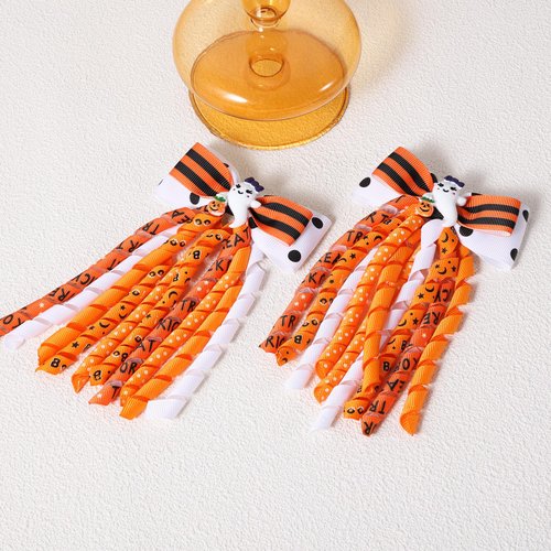Halloween Ghost Korker Hair Bow Clips for Toddler Girls 2pc Cute Curly Corker Tassel Ribbon Cheer Barrettes Alligator Hairpin Kids Cosplay Costume Party Dress Up Decor Accessory