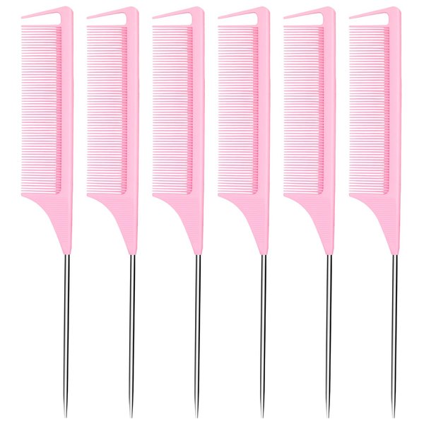 6PCS Hair Rat Tail Comb Metal Carbon Parting Hairdressing Styling Tools for Women and Girls (Pink)