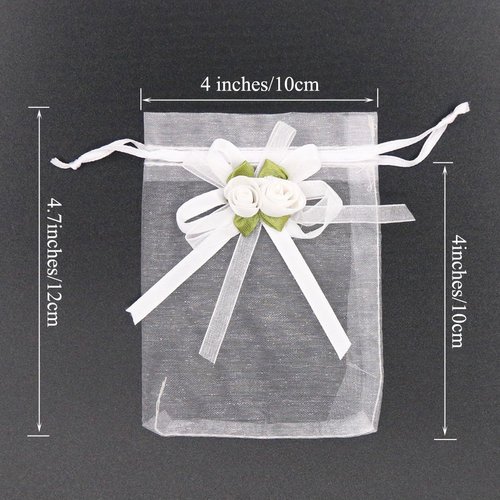 SumDirect Rose Organza Gift Bags - 50Pcs 4x5 inch White Wedding Favor Gift Bags, Jewelry Pouches with Drawstring for Party Wedding Christmas Valentine
