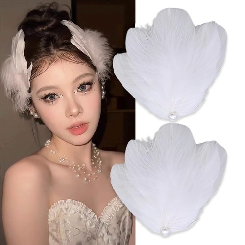 White Feather Hair Clip Ballet Style Pearl Ostrich White Swan Feather Hair Pins Accessories for Women Girls Bride Wedding Valentine Engagement Birthday Christmas Stage Performance Headpiece（2 PCS)