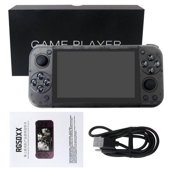 INGQI New RG50XX 5 Inch Handheld Retro Game Console, 64 GB, 15000+ Games, with Date Cable, Dual 3D Joysticks and Button, Black