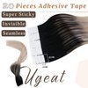 Ugeat 24inch Tape in Human Hair Extensions Ombre Tape in Hair Extensions Real Human Hair Black Ombre Ash Blonde Mix Platinum Blonde Balayage Invisible Tape in Extensions for Women 20Pcs 50G