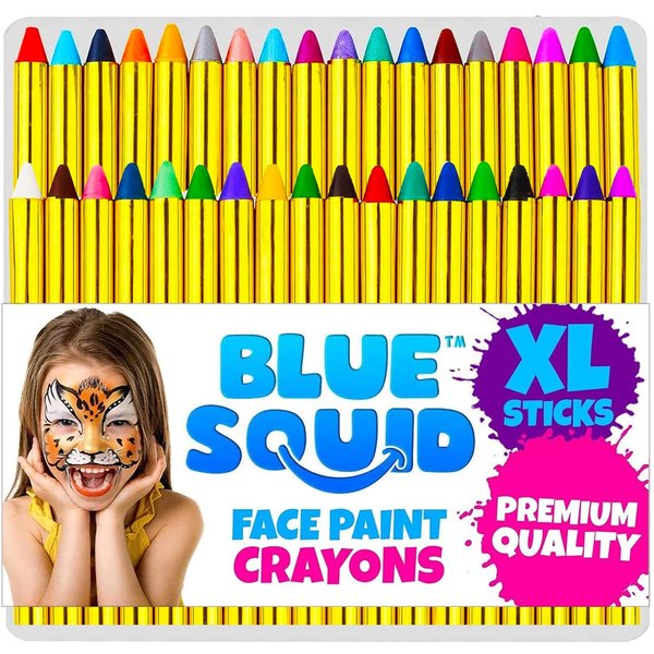 Face Paint Crayons for Kids, Blue Squid 36pcs XL Face & Body Painting Makeup Crayons, Safe for Sensitive Skin, Metallic & Classic Colors, Birthdays & Halloween Makeup Sticks