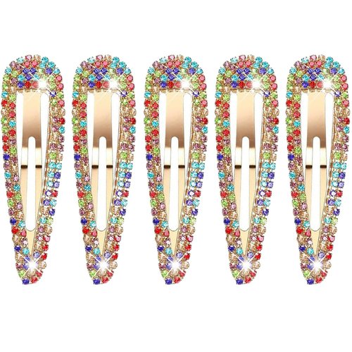 5Pcs Rhinestone Snap Hair Clips, Water Drop Crystal Snap Hair Barrettes, Glitter Shining Metal Snap Hair Clips, Glittering Hairpins Headwear Hair Accessories for Girls Women (Type F)