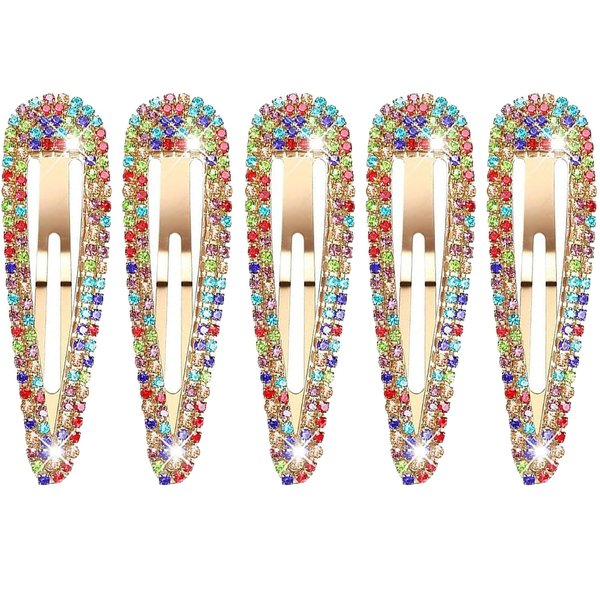 5Pcs Rhinestone Snap Hair Clips, Water Drop Crystal Snap Hair Barrettes, Glitter Shining Metal Snap Hair Clips, Glittering Hairpins Headwear Hair Accessories for Girls Women (Type F)
