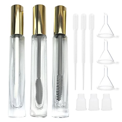 Empty Mascara Tube and Wand Glass, 3PCS 10ml Empty Mascara Tube and Lip Gloss Tubes, Lash Spoolies with Tube, Eyelash Growth Packing Tube Container for Home and Travel (B)