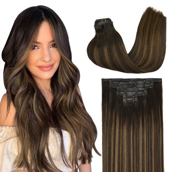 GOO GOO Seamless Clip In Hair Extensions Remy Real Human Hair Extension with Invisible PU Skin Weft 22 Inch 150g 7pcs Dark Brown to Chestnut Brown Natural & Thick & Straight Hair Extensions for Women