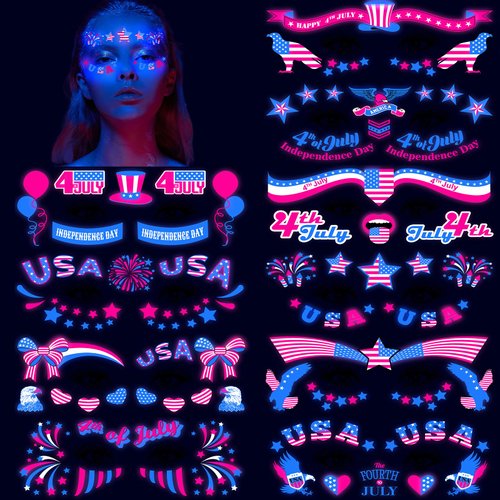HOWAF 4th of July Glow UV Neon Temporary Tattoos 10 Sheets Independence Day Face Tattoo for USA Patriotic Party Supplies, American Flag Tattoos Stickers Face Art Decoration Red White Blue Tattoos