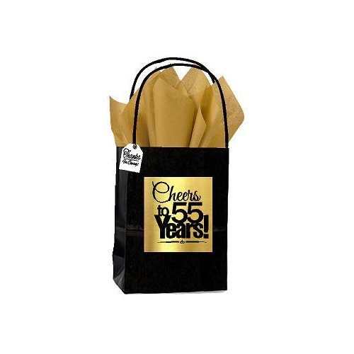 Celebrate Next Black & Gold 55th Birthday/Anniversary Cheers Themed Small Party Favor Gift Bags with Tags -12pack