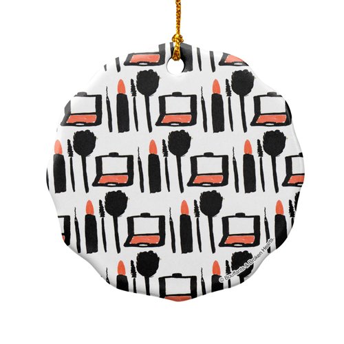 Makeup Lipstick Compact Eyeshadow Mascara Drawing Porcelain Scalloped Holiday Christmas Tree Ornament - 2.8" (7.1 cm)