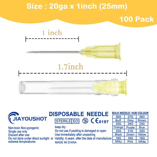 100 PCS 20Ga Dispensing Needle,Individual Package of Injection Syringe Accessories with Luer Lock,Suitable for Refilling Liquid, Inks,Livestock and Industry(1inch/25mm)