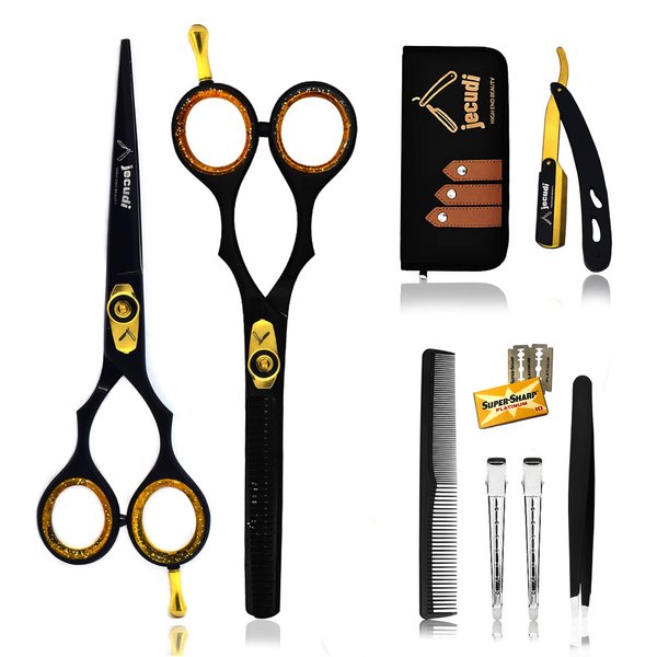 Jecudi Professional Hair Cutting Scissors Set - Handmade Japanese Stainless Steel, includes Barber Scissors, Hair Shears, Tweezers, Razor, 10 Blades, Comb, 2 Hair Clips & Cleaning Cloth.