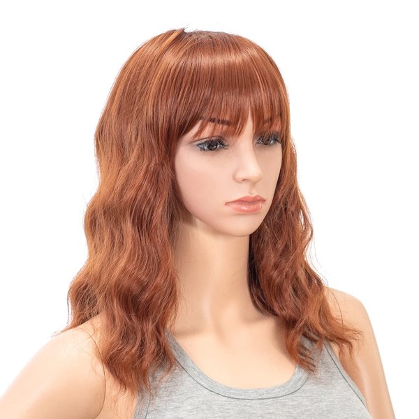 SWACC Short Curly Wavy Bob Wig with Bangs Synthetic Medium Shoulder Length Hair Wig for Women with Wig Cap (Dark Copper Red)