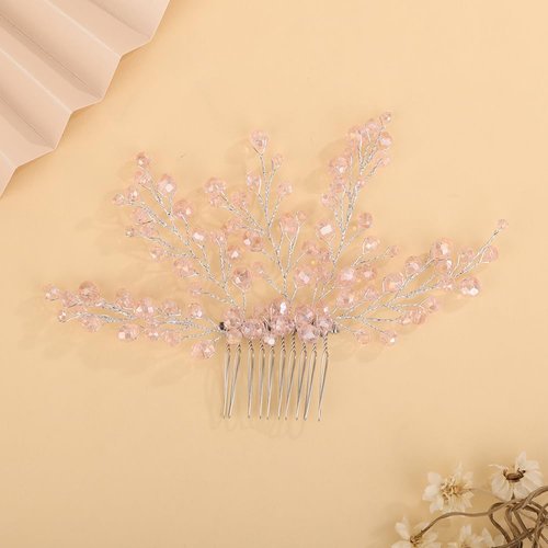 Rumtock Vintage Pink Crystal Beads Hair Comb for Women Girls Wedding Bridal Hair Accessories Jewelry Branch Hair Jewelry (Pink)
