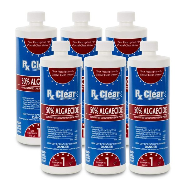 Rx Clear Algaecide 50 Plus | 50 Percent Concentrated Liquid Algaecide for Above or In-Ground Swimming Pools | Safe Formula | Keeps Algae in Suspension | One Quart Bottles | 6 Pack