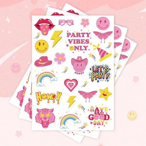 Crazy Night Preppy Temporary Tattoos -87 Styles, Preppy Birthday Party Decorations,Pastel Rainbow Party Supplies, Smiley Party Favors, Party Vibes Only