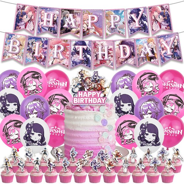 Anime Party Supplies Decorations,Birthday Party Decorations Includes Birthday Banner, Cake Topper, Cupcake Toppers，Balloons for Fans Pink Birthday Party