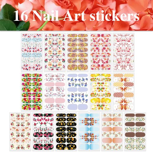 WOKOTO 16 Sheets Flowers Nail Stickers Full Nail Wraps for Women Maple Leaf Nail Polish Strips for Acrylic Nails Designs with Nail File Nail Polish Decals Self Adhesive Full Nail Stickers for Girls
