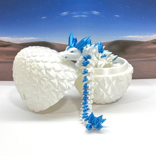 3D Printed Dragon with Dragon Egg, Articulated White and Blue Crystal Dragon, Fidget ADHD Autism Toy, Executive Desk Toy D062WB