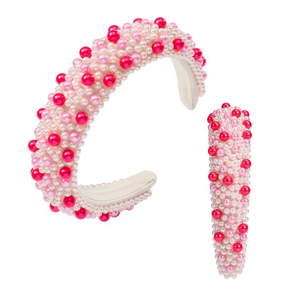 Mixcbe Valentine’s Day Pearl Headband for Women Fashion Hot Pink Pearl Jeweled Padded Headband Hair Accessories For Her(Valentine's Day)