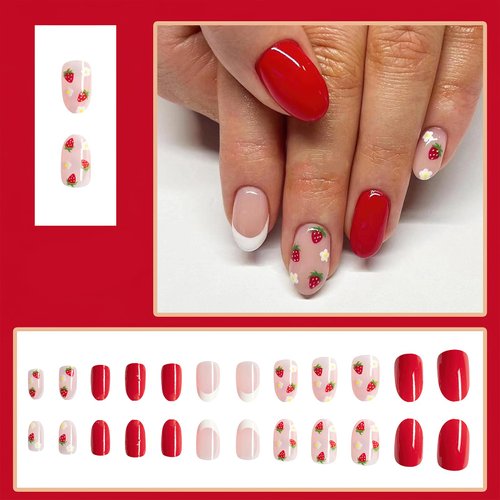 Mkwntg Red Press on Nails Short Round Fake Nails Cute False Nails with Flower Strawberry Designs Glossy White French Tip Acrylic Nails Reusable Full Cover Glue on Nails for Women Girls Manicure 24Pcs