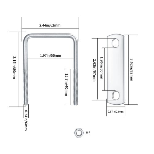6 Pack Square U-Bolts, Stainless Steel U-Bolts with Frame Plates and Nuts, 2"/50mm Inner Width 3.15"/80mm Length, Square U Shaped Bolts for Automobiles Trailer, Ski Boat, Sailboat, Trailer