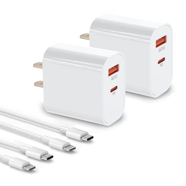 iPhone Charger Fast Charging,2 Pack 20W Dual-Port Wall Charger Plug with 6FT Cables, PD/QC3.0 USB C Power Adapter for iPhone 12,12 Mini,12 Pro Max,iPhone 11 Pro Max, iPad Pro, AirPods Pro and More