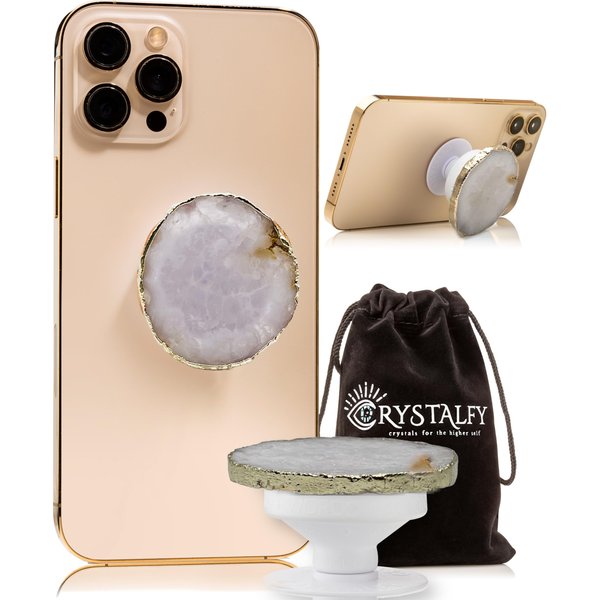 Grips by CRYSTALFY Clear Quartz Crystal Phone Grip & Phone Stand: Authentic Natural Gemstone Swappable Top, Expandable Collapsible Holder for Smartphones and Tablets (Round Shape Smooth)