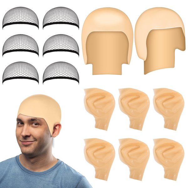 Crowye 12 Pack Halloween Makeup Latex Bald Head Hair Caps Stretchy Nylon Wig Caps Party Costume Accessory for Adult Men Women(Nude)