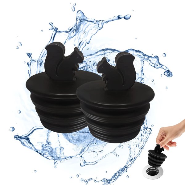Bathtub Stopper, 2 Pack Universal Bathtub Plug Silicone Bathtub Stopper Bathtub Drain Stopper Plug Tub Stopper for Kitchen Bathtub and Bathroom Sink Drains, Black Plug Cute Squirrel Shape, 2 Count