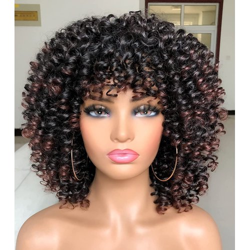 ANNIVIA Curly Afro Wig with Bangs Short Kinky Curly Wigs for Black Women Synthetic Fiber Soft Hair Short Curly Afro Wig (Black Ombre Brown)