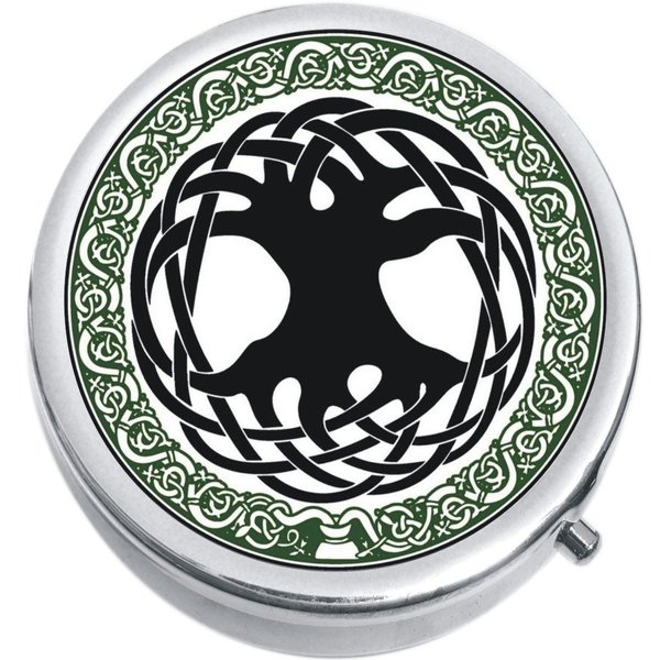 Celtic Tree Medicine Vitamin Compact Pill Box - Portable Pillbox case fits in Purse or Pocket