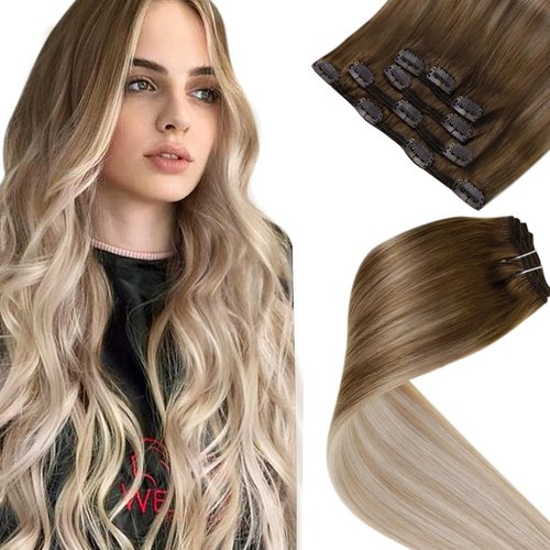LaaVoo Clip in Hair Extensions Balayage Light Brown to Ash Blonde Mix Platinum Blonde Ombre Hair Extensions Real Human Hair Clip ins 12 Inch Short Hair Extensions Clip ins 5pcs 80g