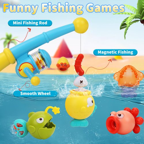 Baby Bath Toys for Kids Ages 1-3，Magnetic Fishing Game for Bath Toys Toddlers 2-4 Include a Fishing Rod, 8 Sea Animals and a Scoop Net to Storage Toys, Infant Tub Pool Toys for Toddlers 1-3