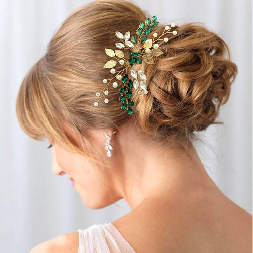 Bride Wedding Hair Comb Crystal Rhinestone Pearls Silver Leaf Hair Piece Accessories for Women Girls Homecoming Party (Green)