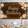 Starlit Patio Happy Birthday Backdrop 71 X 43 Inch Rustic Dark Wood Floral Banner with Gold Glitter Lettering Cream Rose and Lights for Women Birthday Party Decorations Indoor Outdoor Use