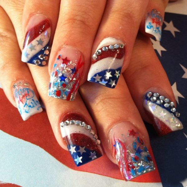 Press on Nails Short Square Independence Day Full Cover Glossy Acrylic Rhinestone False Nails with Patriotic Designs Artificial Coffin July 4th Holiday Fake Nails Glue Stick on Fingernails for Women