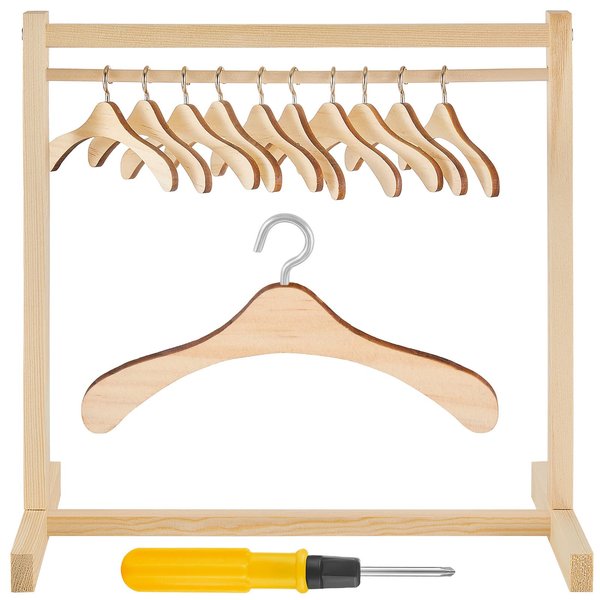 Civaner 11 Pcs Doll Garment Rack with Wooden Dolls Clothes Hanger for 18 Inch Girl Doll Clothes Mini Doll Clothes Hangers Doll Wardrobe Furniture Accessories for Dollhouse Baby Shower Supplies