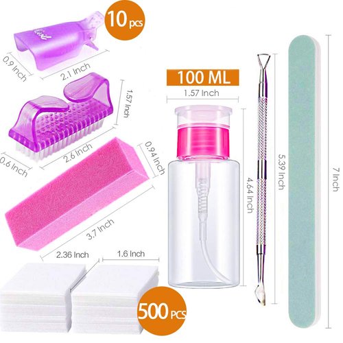 Qdsuh Nail Polish Remover Tools Kit-500 Pcs Gel Polish Remover Cotton Pads, 10 Pcs Purple Polish Remover Clips Caps, 1pc Nail Polish Remover Bottle, 1pc Cuticle Pusher,1pc Nail Brush,100/180 Nail File