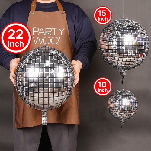 PartyWoo Silver Disco Foil Balloons, 20 pcs Round Foil Balloons Different Sizes Pack of 22 Inch 15 Inch 10 Inch 4D Foil Balloons and Ribbon, Foil Balloons for Birthday Decorations, Party Decorations
